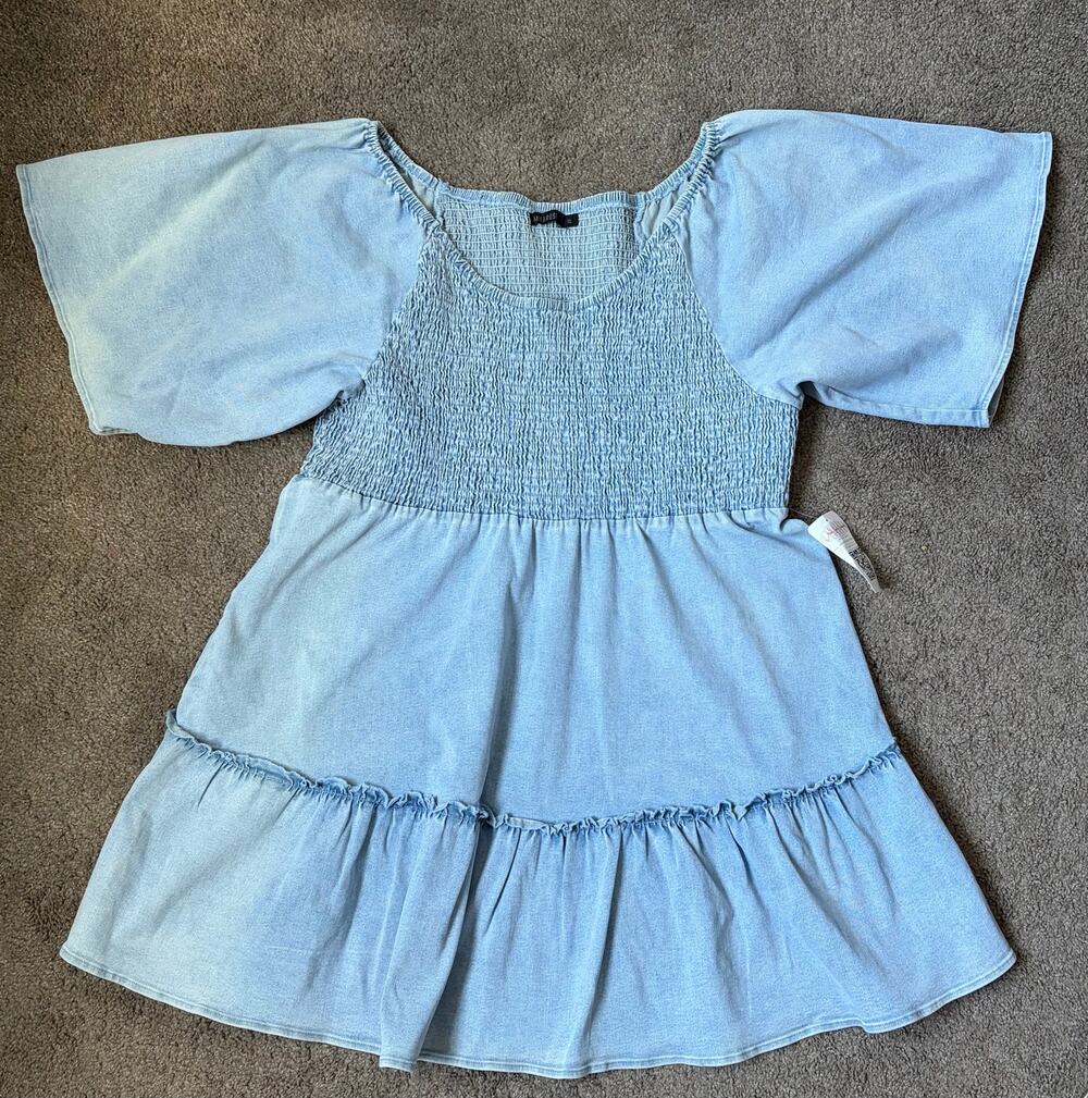 Mikarose Chambray Blue Denim Knee Length Smocked Bodice Flutter Sleeve NWT Sz XL